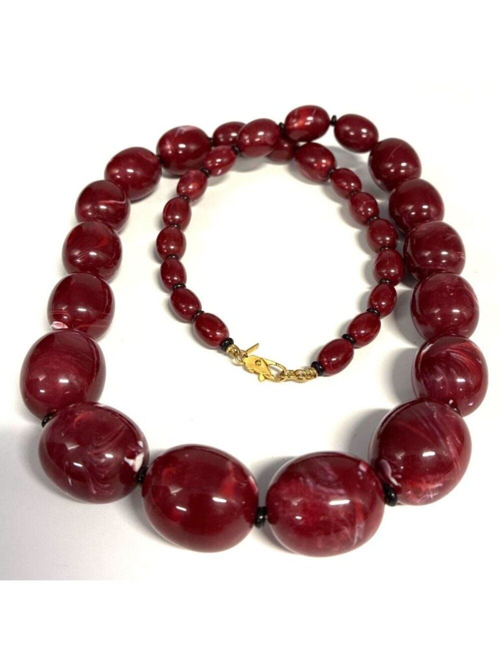 Vintage Monet Red Marbled Lucite Bead Necklace Chunky Graduated 1980s Signed 28"